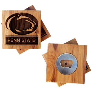 square wine barrel coasters with Athletic Logo and Penn State on top, bottle opener on bottom, set of 4